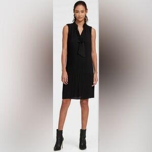 DKNY Dress Women's Size 16W Black High Neck Tie Closure Pleated Cocktail Dress